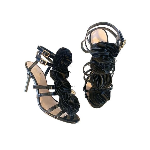 Vintage Kate Spade Black Patent Leather Satin Rose Sandals size 6 Italian Straps - Picture 1 of 10
